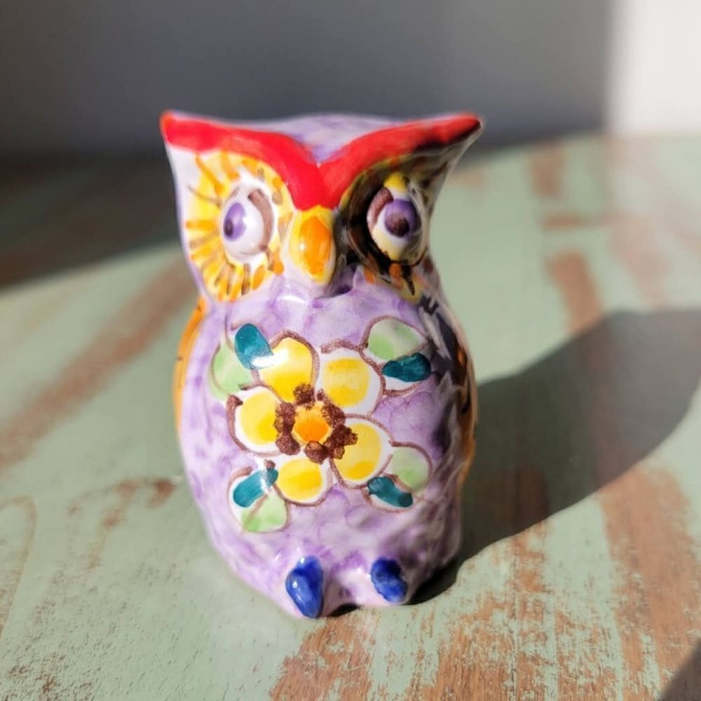Italian Sorrento Handpainted Floral Folk Art Pottery Owl Figurine